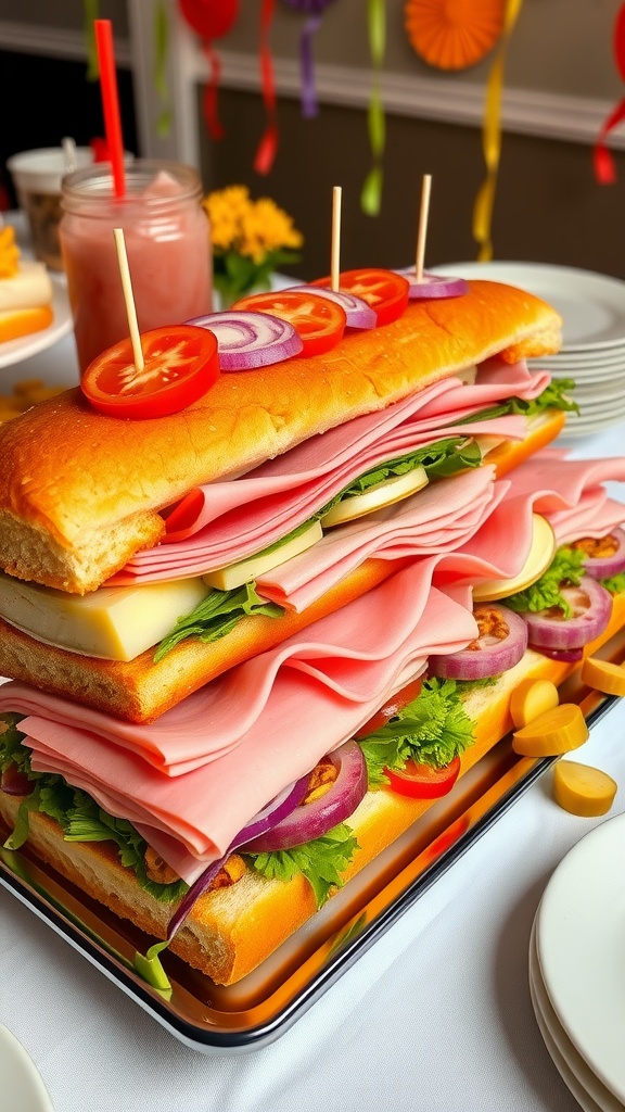 A long sub sandwich loaded with meats and veggies, served on a platter at a party.